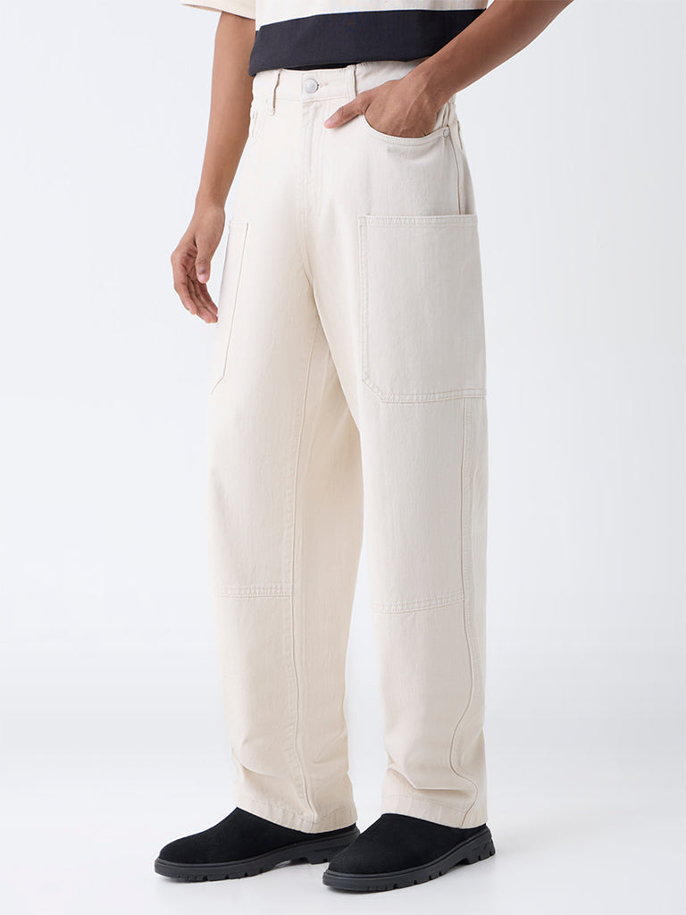 Nuon Beige Relaxed-Fit Mid-Rise Jeans