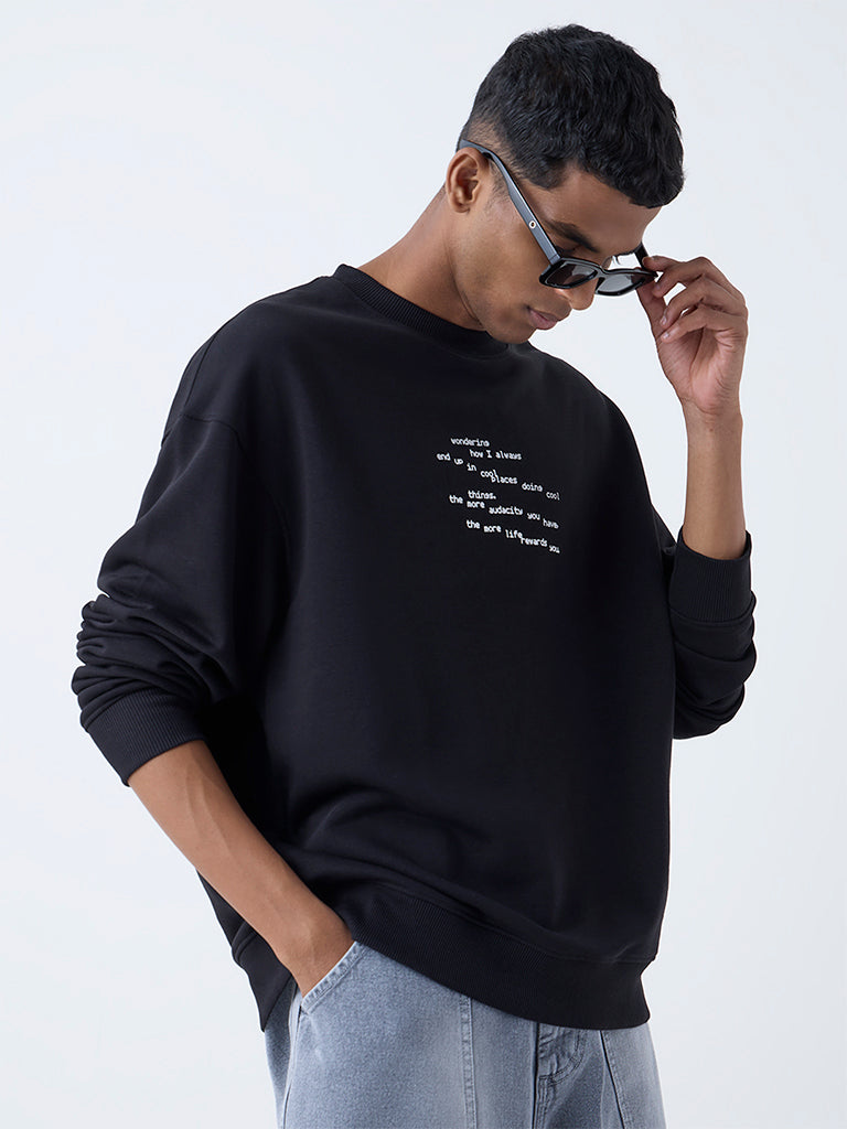 Nuon Black Text Design Relaxed-Fit Cotton Sweatshirt