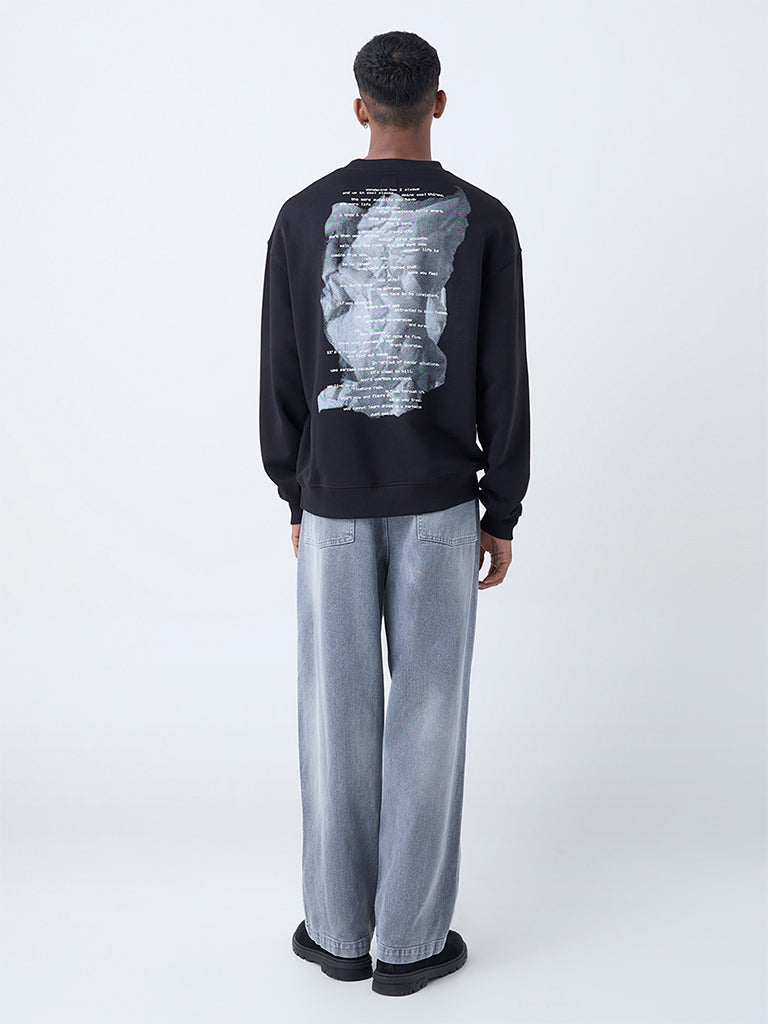 Nuon Black Text Design Relaxed-Fit Cotton Sweatshirt