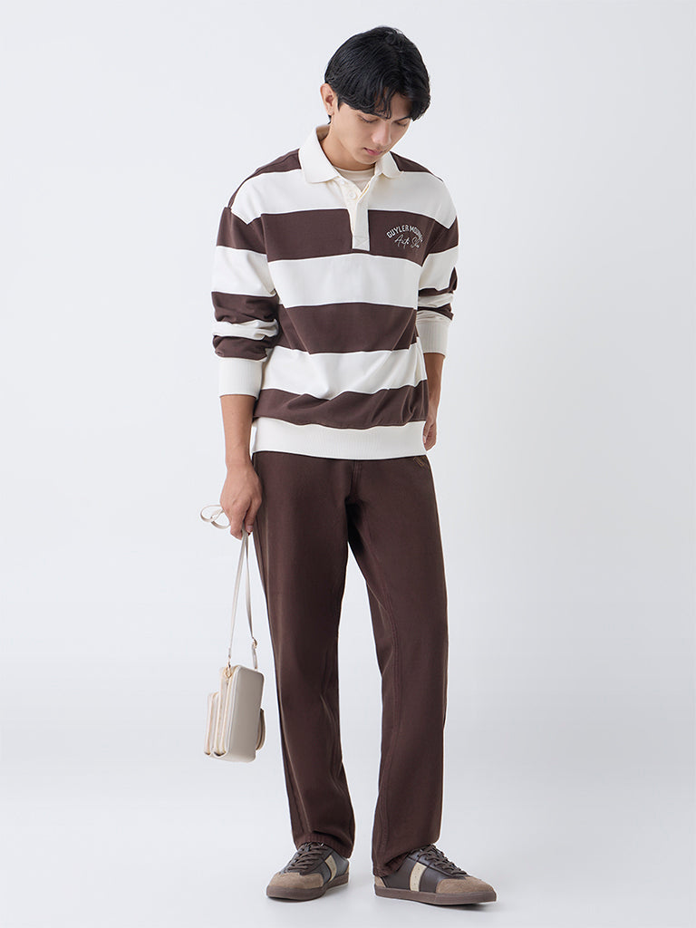 Nuon Dark Brown Striped Relaxed-Fit Polo Sweatshirt