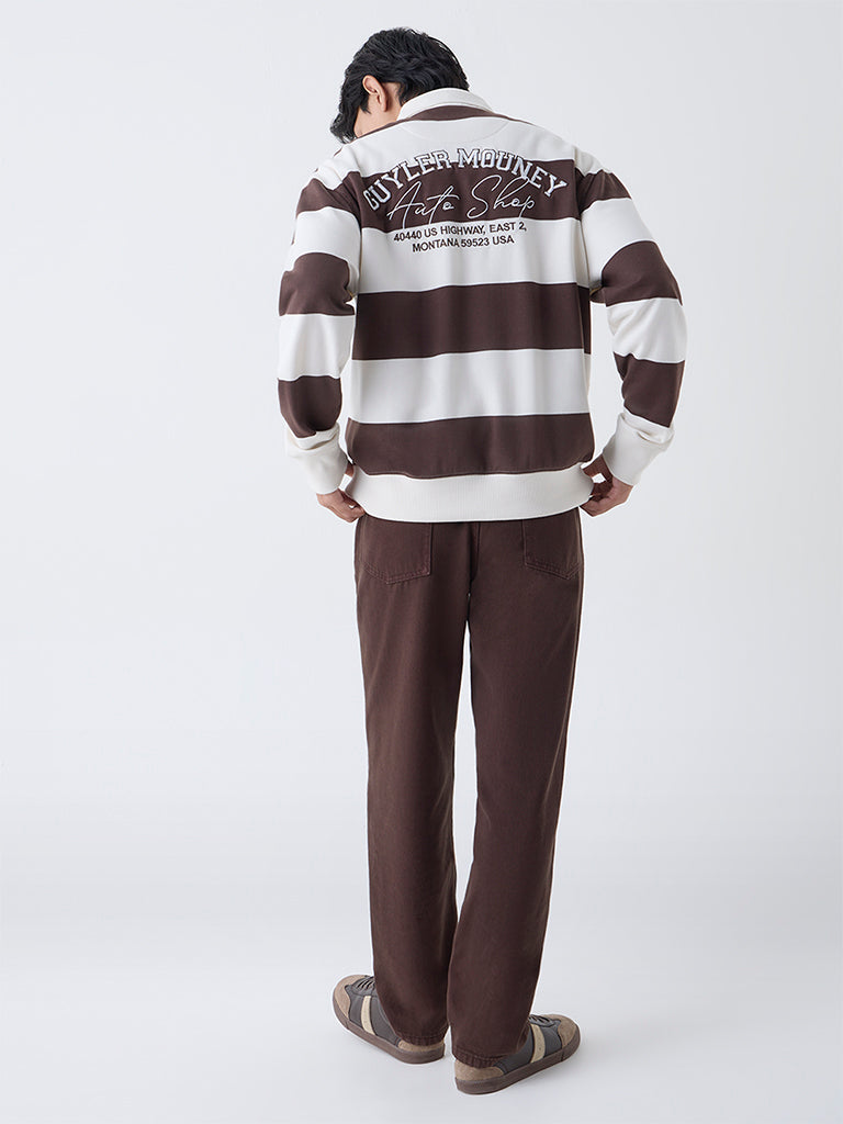 Nuon Dark Brown Striped Relaxed-Fit Polo Sweatshirt