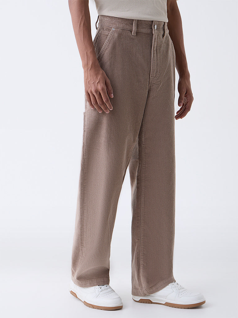 Nuon Light Brown Relaxed-Fit Mid-Rise Corduroy Trousers