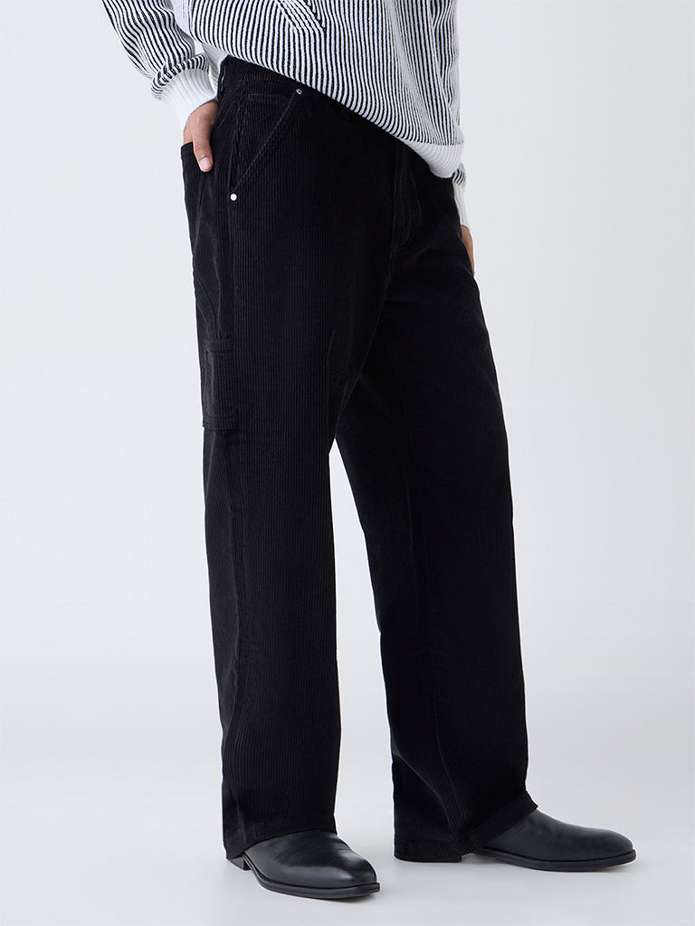 Nuon Black Relaxed-Fit Mid-Rise Corduroy Trousers