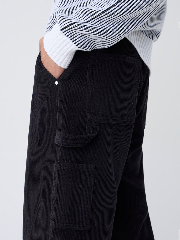 Nuon Black Relaxed-Fit Mid-Rise Corduroy Trousers