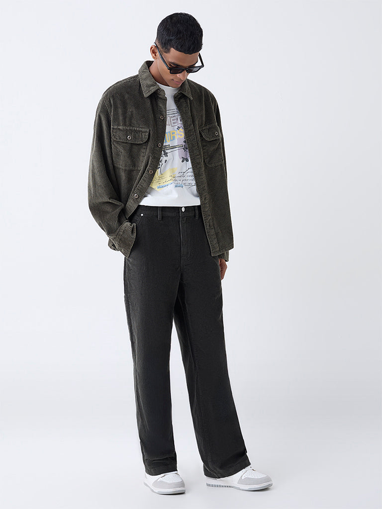 Nuon Olive Relaxed Fit Mid-Rise Corduroy Trousers