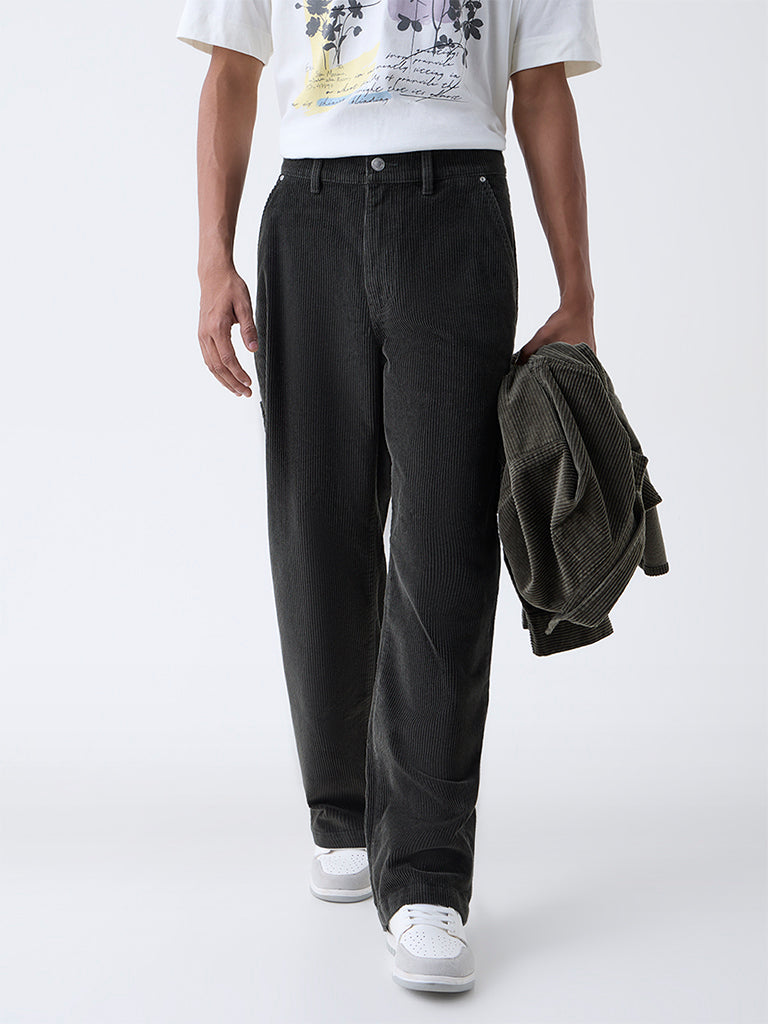 Nuon Olive Relaxed Fit Mid-Rise Corduroy Trousers