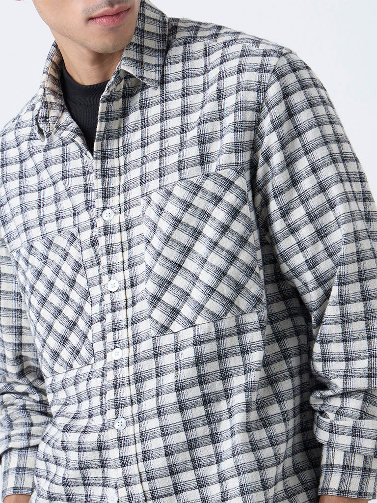 Nuon Off-White Checkered Pattern Relaxed-Fit Cotton Shirt