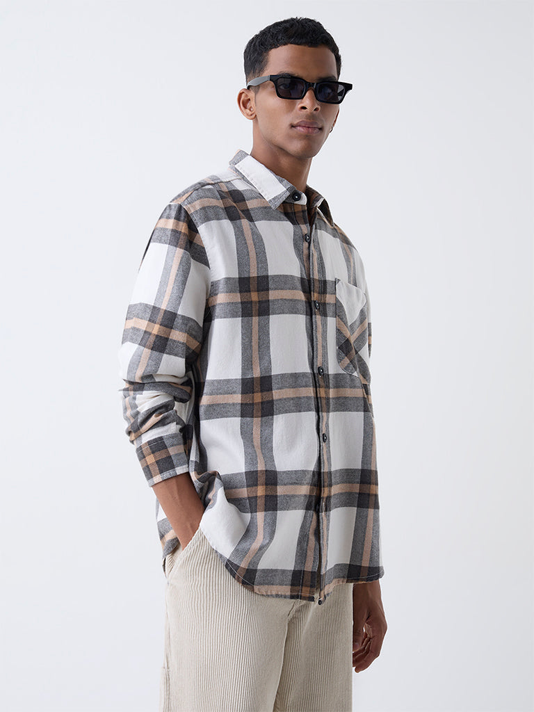 Nuon Beige Checkered Relaxed-Fit Cotton-Blend Shirt
