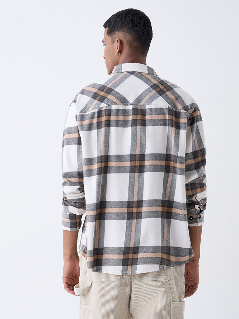 Nuon Beige Checkered Relaxed-Fit Cotton-Blend Shirt