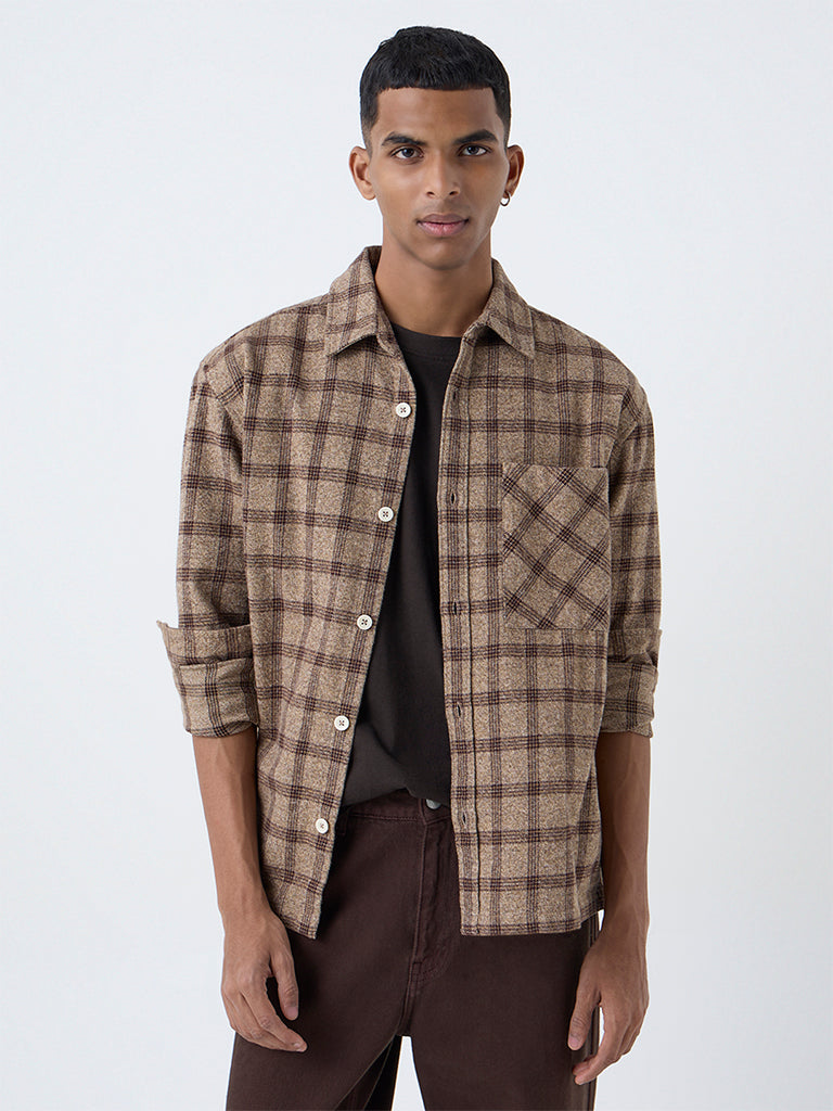 Nuon Brown Check Pattern Relaxed-Fit Cotton Shirt