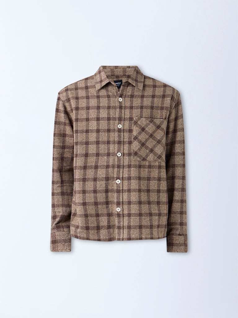 Nuon Brown Check Pattern Relaxed-Fit Cotton Shirt