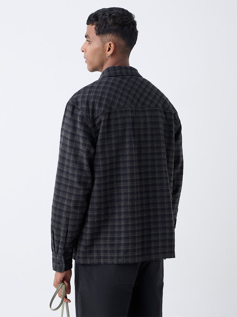Nuon Black Checks Pattern Relaxed-Fit Cotton Shirt