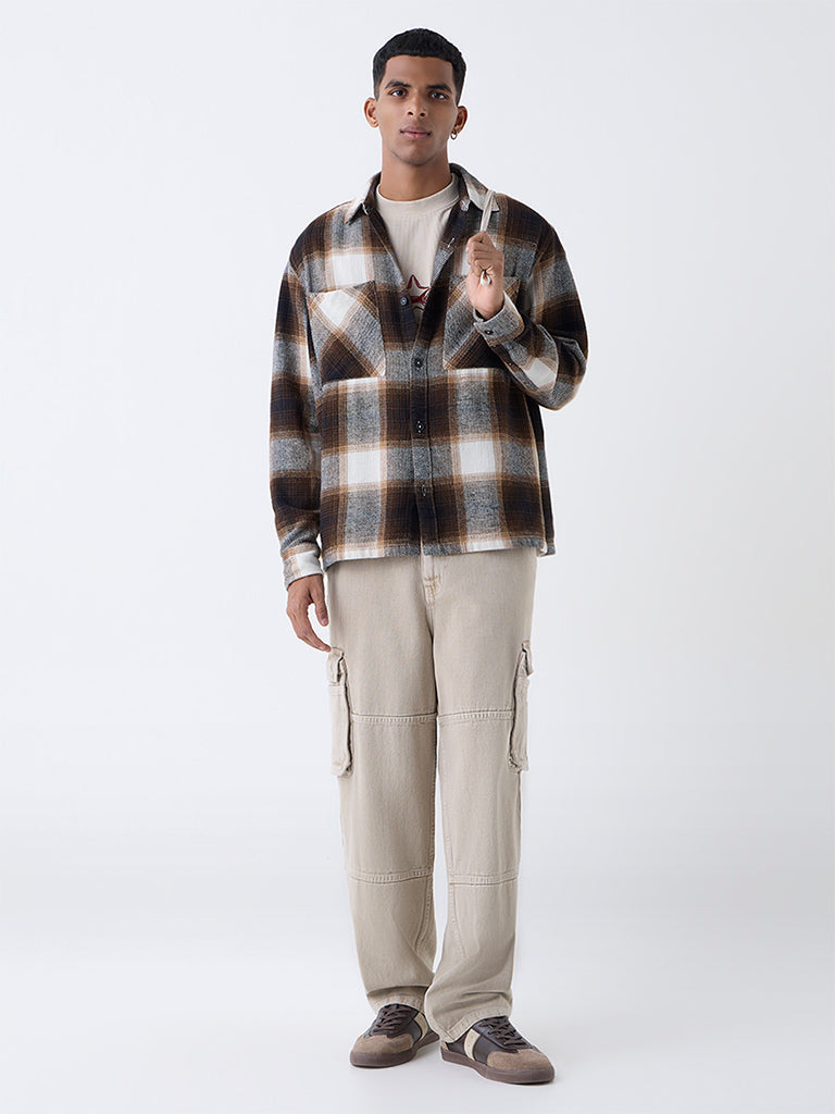 Nuon Brown Checks Design Relaxed-Fit Cotton Shirt
