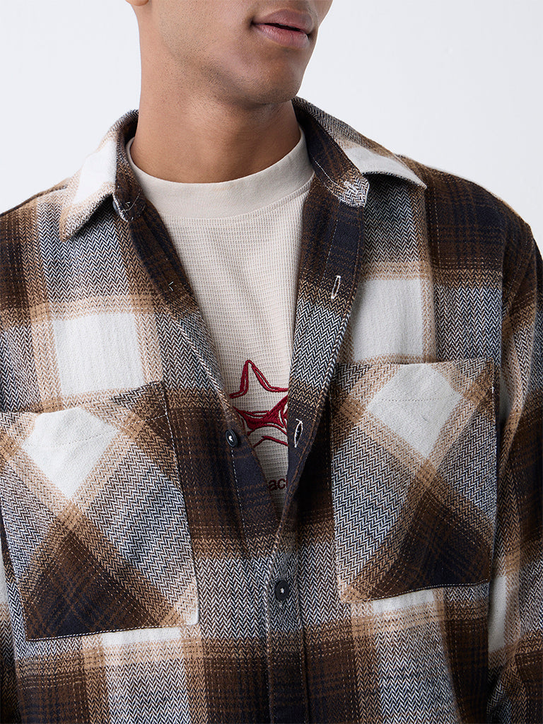Nuon Brown Checks Design Relaxed-Fit Cotton Shirt