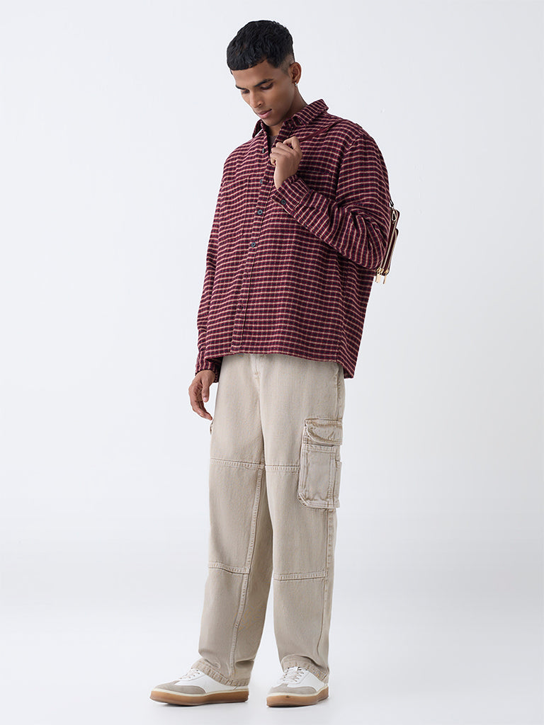 Nuon Maroon Checkered Relaxed-Fit Cotton Shirt