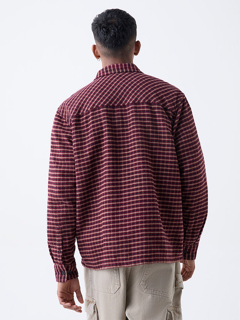 Nuon Maroon Checkered Relaxed-Fit Cotton Shirt