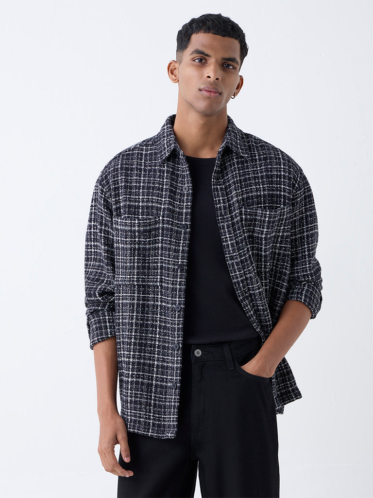Nuon Black Checkered Relaxed-Fit Cotton Shirt