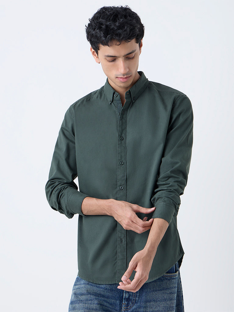 Nuon Olive Solid Slim-Fit Cotton Shirt