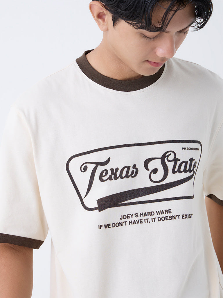 Nuon Beige Text Design Relaxed-Fit Cotton T-Shirt