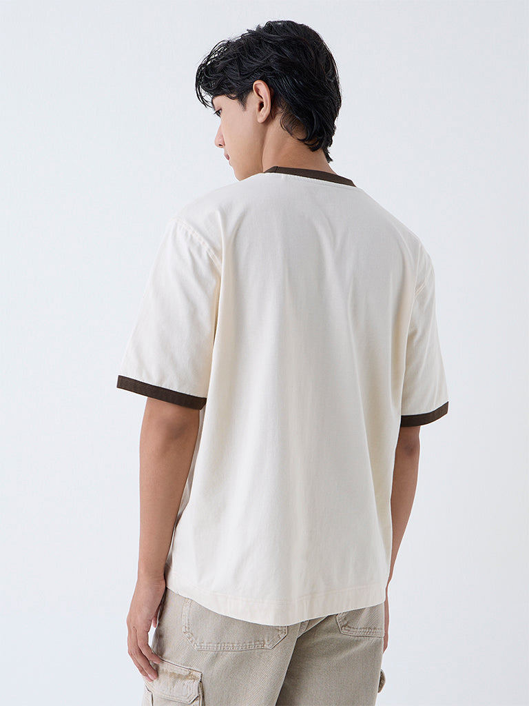 Nuon Beige Text Design Relaxed-Fit Cotton T-Shirt