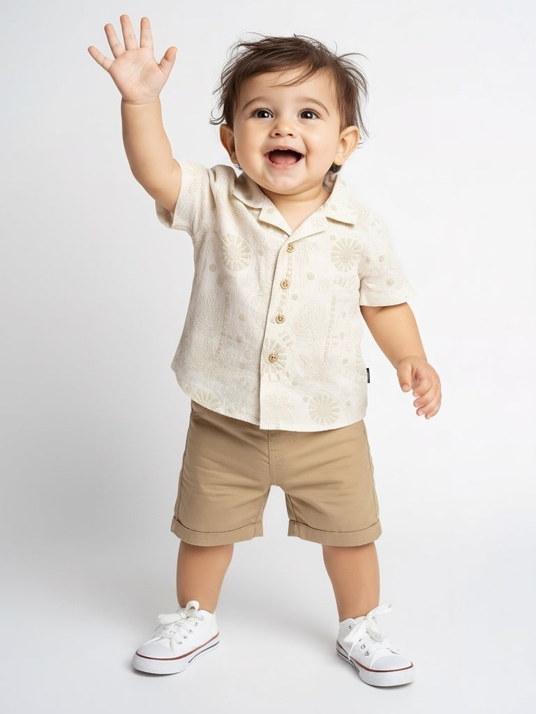 HOP Baby Boys Beige Embroidered Cotton Shirt