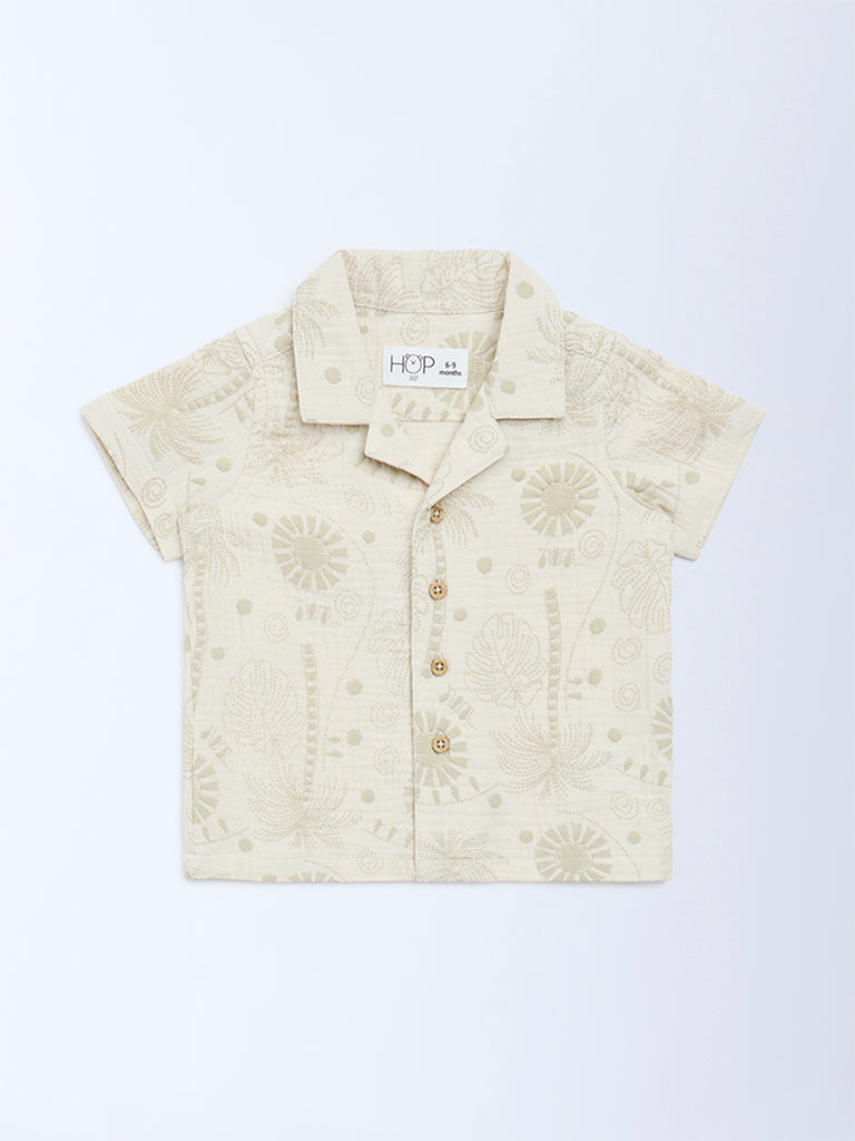 HOP Baby Boys Beige Embroidered Cotton Shirt