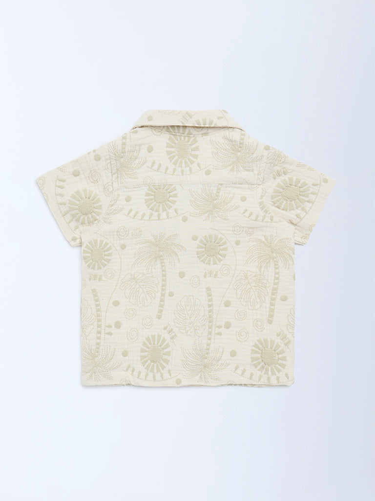 HOP Baby Boys Beige Embroidered Cotton Shirt