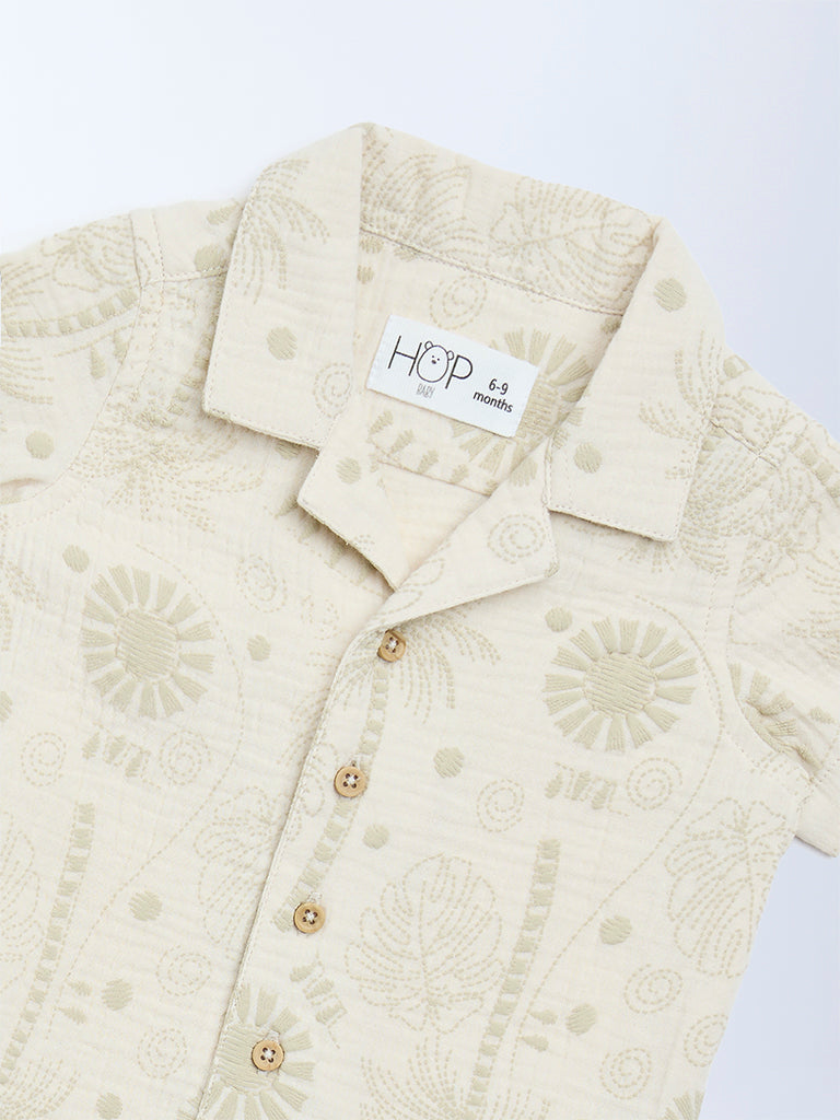 HOP Baby Boys Beige Embroidered Cotton Shirt