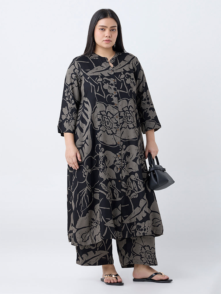 Diza Black Botanical-Printed Pants