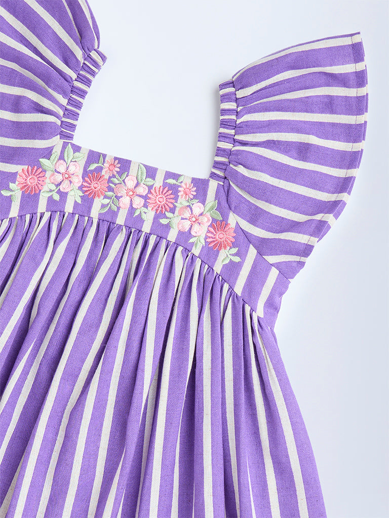 Utsa Kids Purple Striped Cotton-Blend A-Line Dress - (2-8 years)