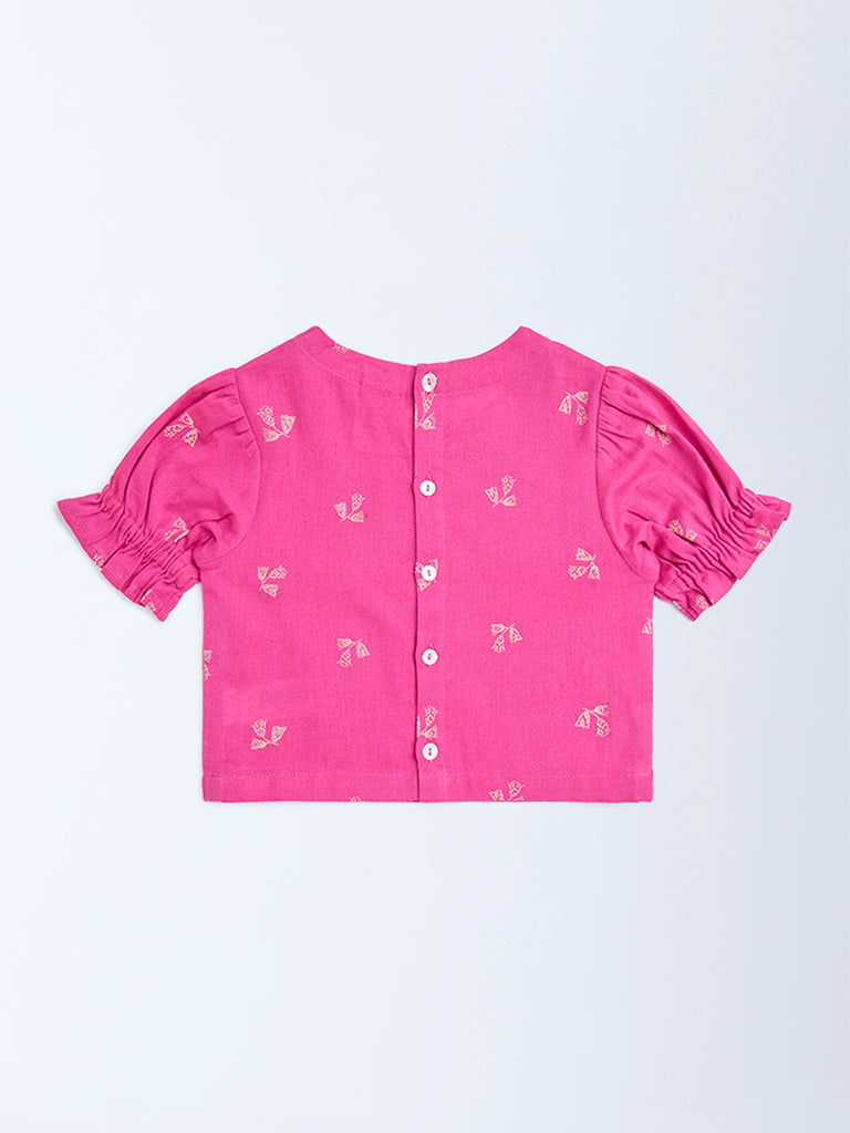 Utsa Kids Magenta Floral Design Cotton-Blend Top - (2-8yrs)