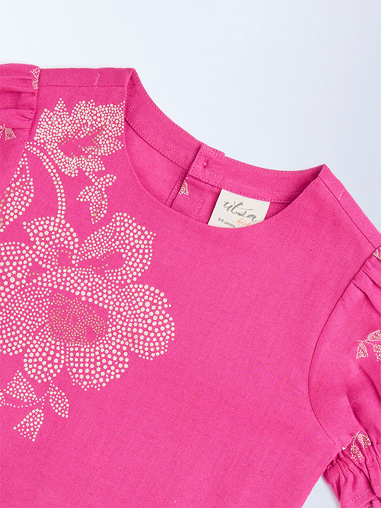 Utsa Kids Magenta Floral Design Cotton-Blend Top - (2-8yrs)
