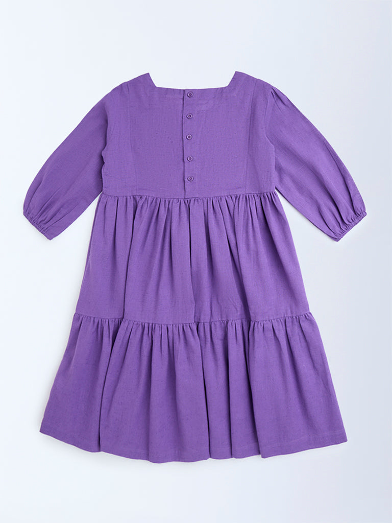 Utsa Kids Purple Floral Embroidered Cotton-Blend Tiered Dress - (8-14yrs)