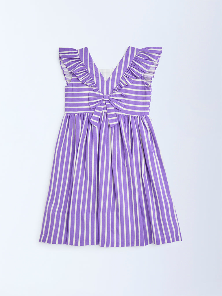 Utsa Kids Purple Striped Printed Cotton-Blend A-Line Dress - (8-14yrs)