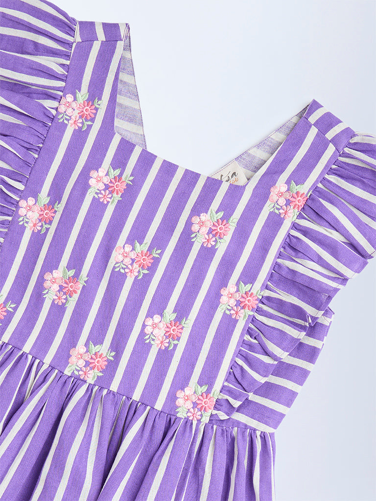 Utsa Kids Purple Striped Printed Cotton-Blend A-Line Dress - (8-14yrs)