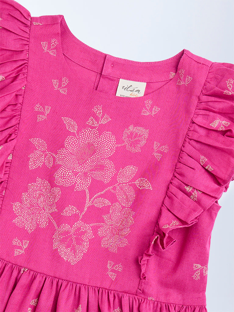 Utsa Kids Pink Bandhani Floral Cotton Peplum Top - (8-14yrs)