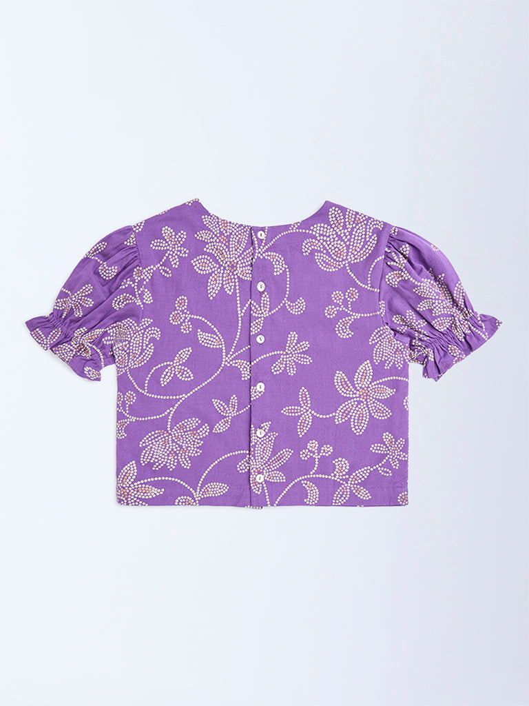 Utsa Kids Purple Bandhani Floral Cotton-Blend Top - (8-14yrs)