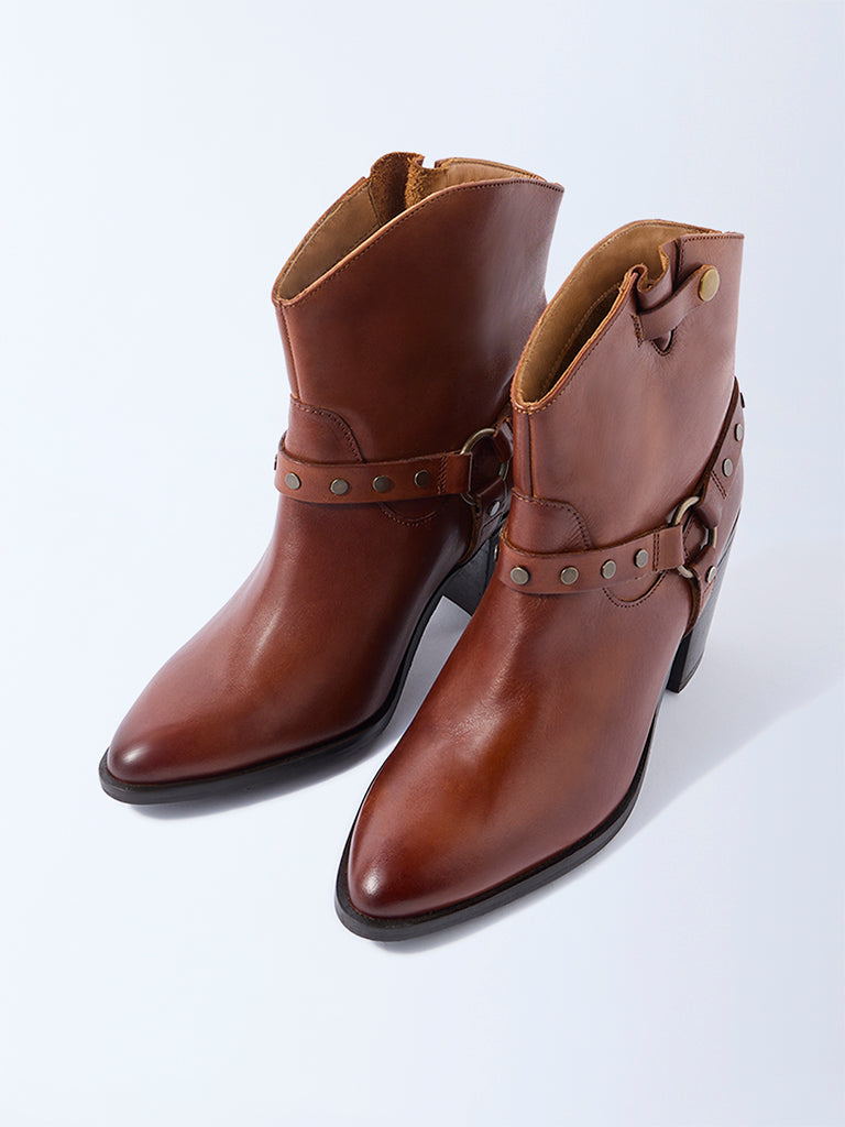 LUNA BLU Tan Stud Detailed Leather Boots