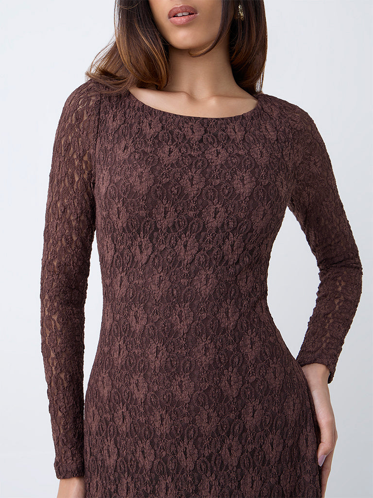 LOV Dark Brown Lace Detailed Midi Dress
