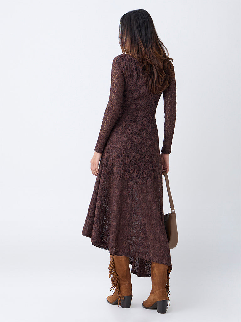 LOV Dark Brown Lace Detailed Midi Dress