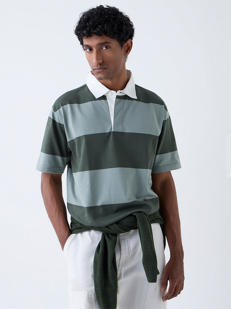 WES Casuals Olive Relaxed Fit Cotton-Blend Polo T-Shirt