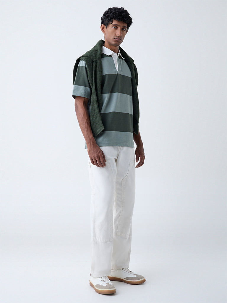 WES Casuals Olive Relaxed Fit Cotton-Blend Polo T-Shirt