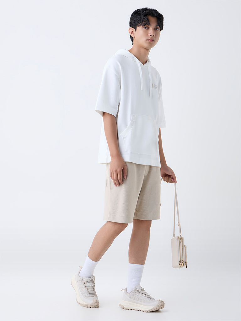 Westside Studiofit Men's White Relaxed-Fit Cotton-Blend Hoodie for Winter Wear Full View