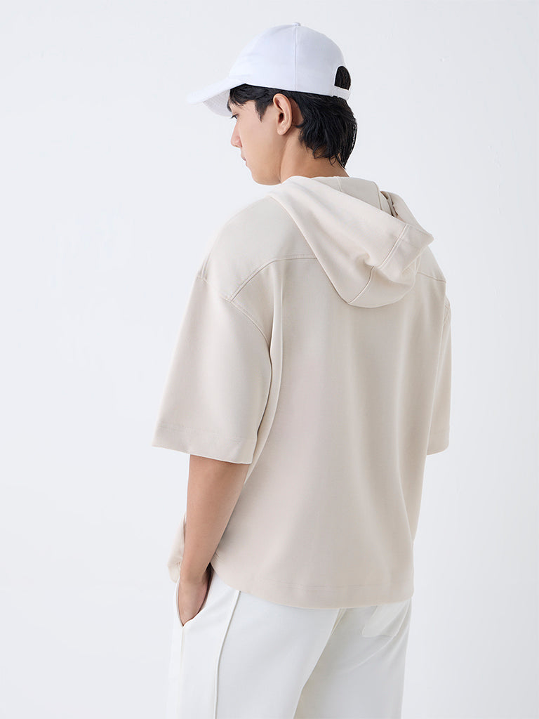 Westside Studiofit Men's Beige Relaxed-Fit Cotton-Blend Hoodie for Winter Wear Back View