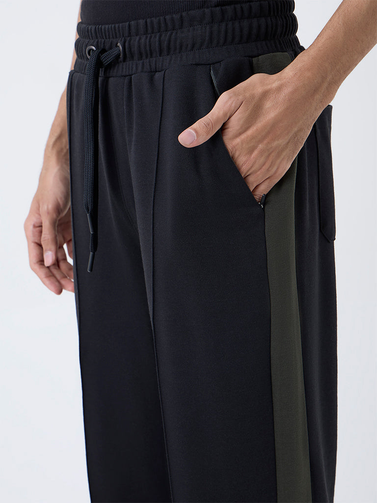 Studiofit Black Striped Relaxed-Fit Mid-Rise Track Pants