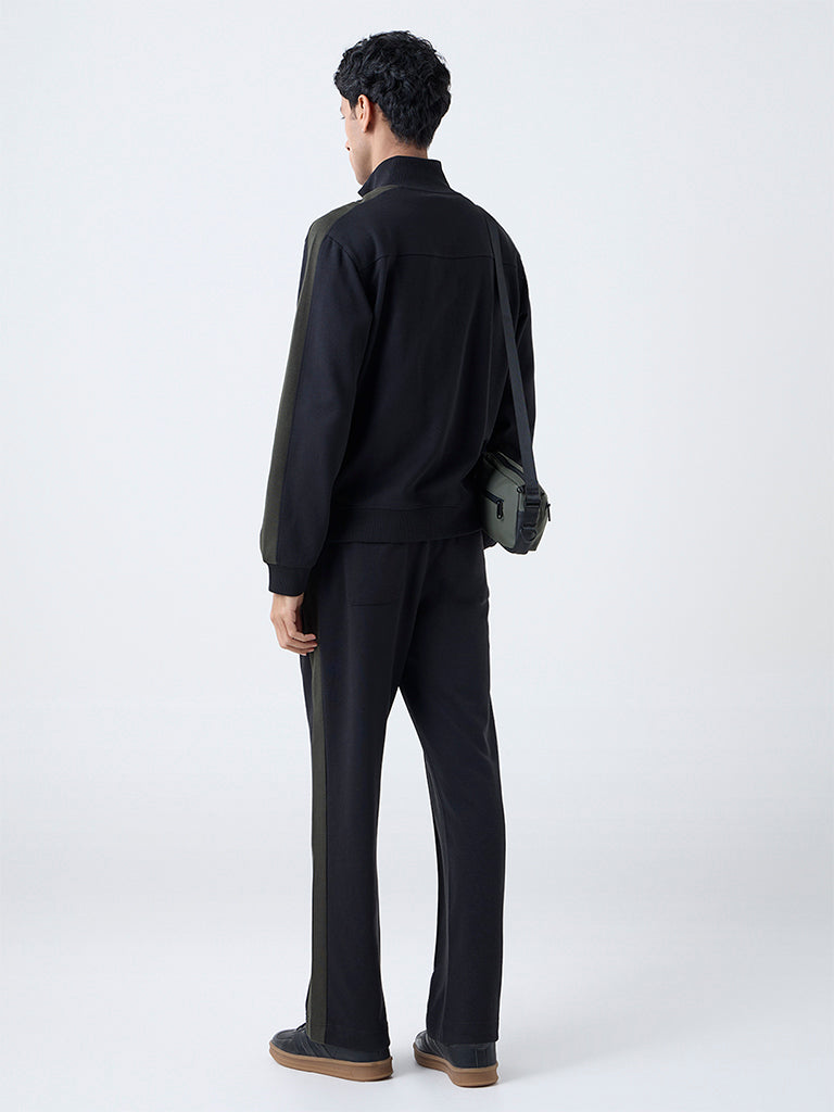 Studiofit Black Striped Relaxed-Fit Mid-Rise Track Pants