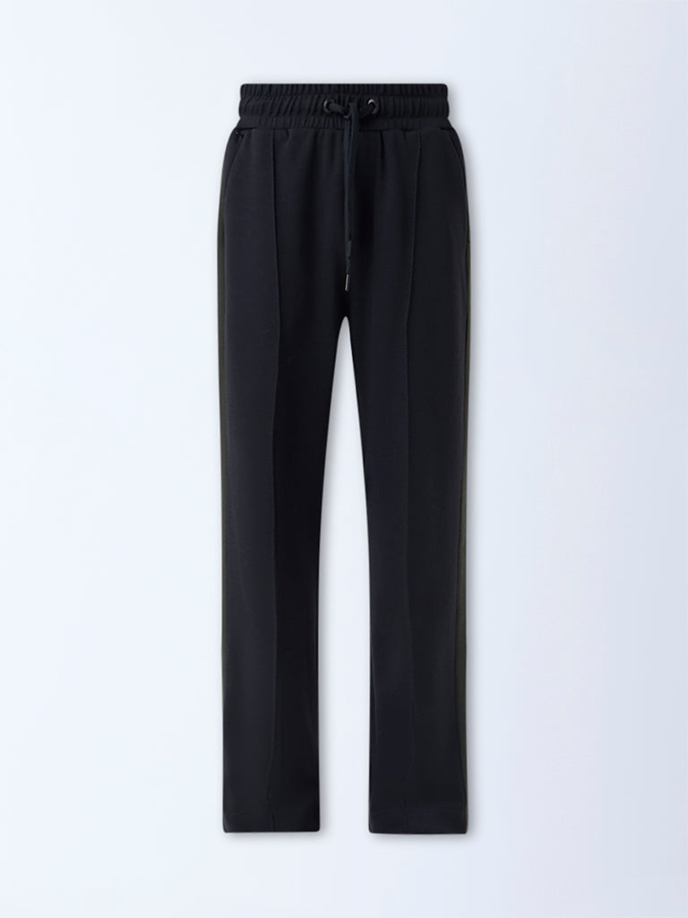 Studiofit Black Striped Relaxed-Fit Mid-Rise Track Pants