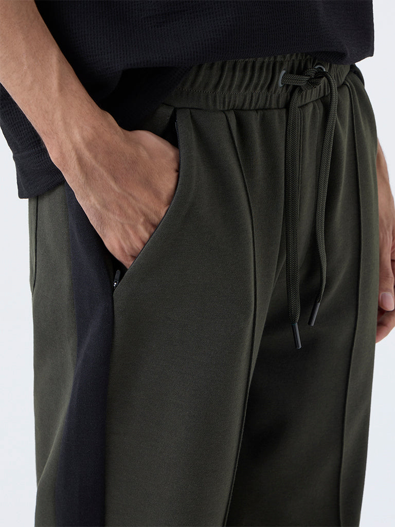 Studiofit Olive Striped Relaxed-Fit Mid-Rise Track Pants