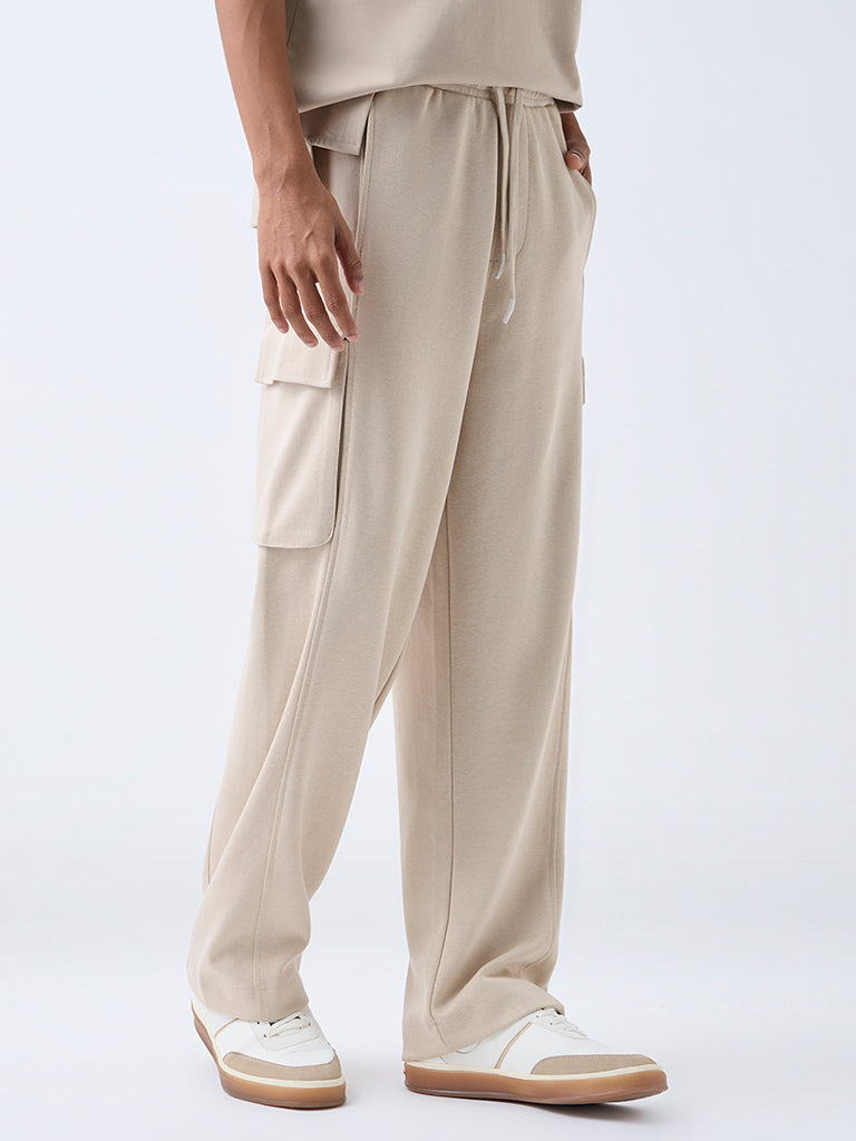 Studiofit Beige Relaxed-Fit Mid-Rise Cotton-Blend Track Pants