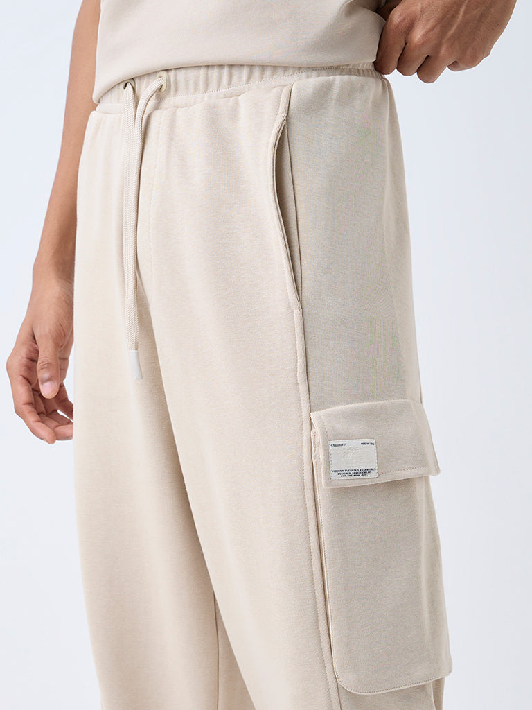 Studiofit Beige Relaxed-Fit Mid-Rise Cotton-Blend Track Pants